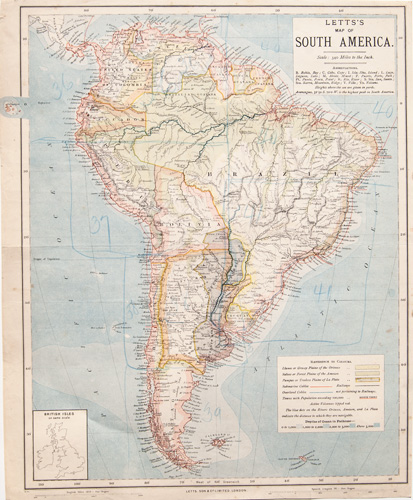 South American continent antique map 1884